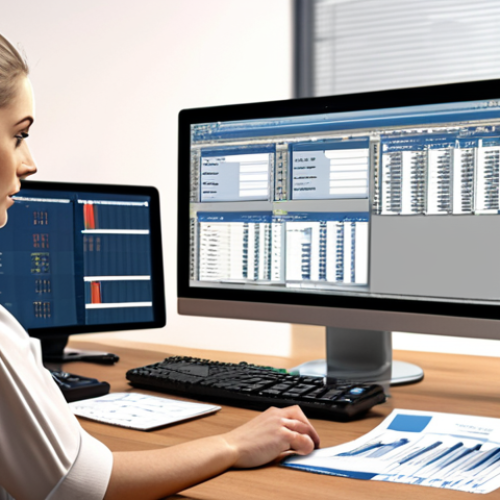 **

A busy office scene featuring an accounting assistant meticulously managing invoices and payments. Focus on details like organized paperwork and a computer screen displaying accounting software.

**