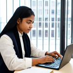 A professional university student in modest academic attire, sitting at a clean desk in a modern, well-lit university study lounge. The student is focused on an economics textbook and open notebook filled with financial concepts. A laptop with a spreadsheet is visible, and flashcards are scattered nearby. The atmosphere is studious and calm, emphasizing theoretical understanding and practice. Perfect anatomy, correct proportions, natural pose, well-formed hands, proper finger count. Fully clothed, appropriate attire, professional dress, safe for work, appropriate content, professional.