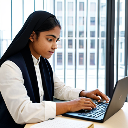 A professional university student in modest academic attire, sitting at a clean desk in a modern, well-lit university study lounge. The student is focused on an economics textbook and open notebook filled with financial concepts. A laptop with a spreadsheet is visible, and flashcards are scattered nearby. The atmosphere is studious and calm, emphasizing theoretical understanding and practice. Perfect anatomy, correct proportions, natural pose, well-formed hands, proper finger count. Fully clothed, appropriate attire, professional dress, safe for work, appropriate content, professional.