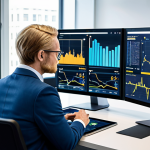 A focused professional Swedish financial analyst, fully clothed in a modest business suit, sitting at a clean, modern desk in a bright, high-tech office. The analyst is interacting with multiple large digital screens displaying complex financial data visualizations and AI-driven insights, reflecting the digital transformation of the finance industry. A tablet is visible on the desk, suggesting mobile processes. The background shows a blurred modern Swedish city skyline. The image emphasizes innovation and efficiency. Perfect anatomy, correct proportions, natural pose, well-formed hands, proper finger count. Professional photography, high quality, safe for work, appropriate content, fully clothed, professional dress.