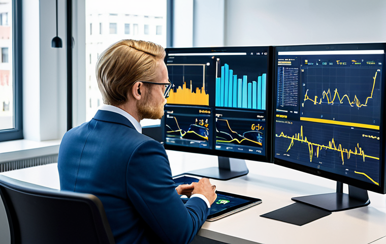 A focused professional Swedish financial analyst, fully clothed in a modest business suit, sitting at a clean, modern desk in a bright, high-tech office. The analyst is interacting with multiple large digital screens displaying complex financial data visualizations and AI-driven insights, reflecting the digital transformation of the finance industry. A tablet is visible on the desk, suggesting mobile processes. The background shows a blurred modern Swedish city skyline. The image emphasizes innovation and efficiency. Perfect anatomy, correct proportions, natural pose, well-formed hands, proper finger count. Professional photography, high quality, safe for work, appropriate content, fully clothed, professional dress.