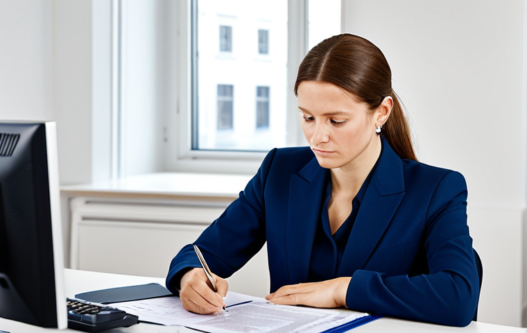 전산세무회계 자격증 종류와 차이점 - Businesswoman in a Modern Office**
"A professional businesswoman in a modest navy blue business sui...